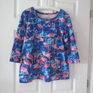 Sz Large Flamingo Top--Tropical Flamingos in Different Poses--Blue & Pink--NWT